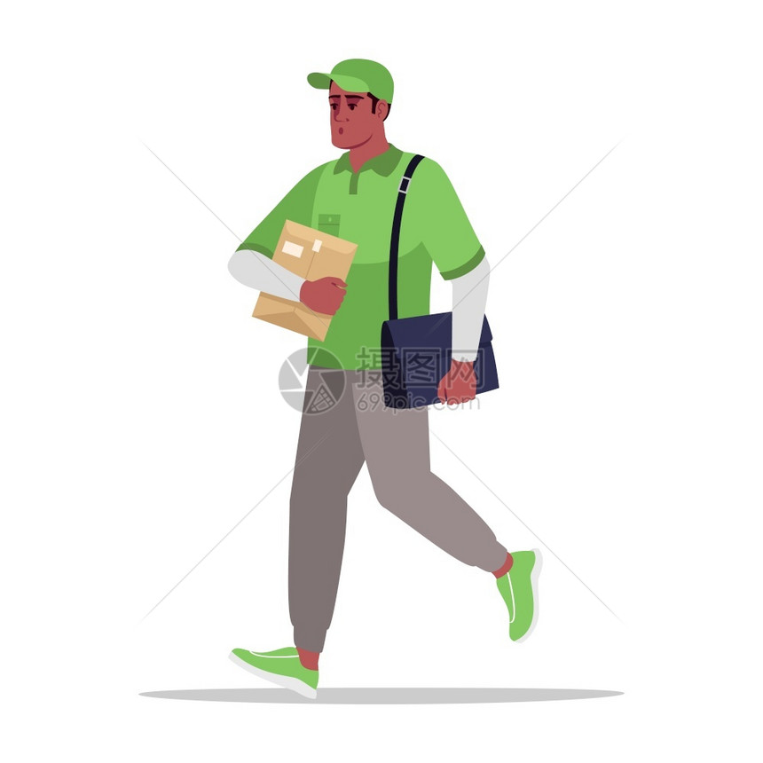 装袋的邮递员带纸板的工人绿色制服的非洲男信使孤立的漫画人物袋邮件递送员半固定的rgb颜色矢量图图片