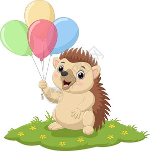世间宝贝在此卡通刺猬在草地上拿着多彩气球设计图片