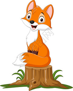 卡通快乐狐狸坐在树桩上背景图片
