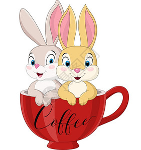 一对杯子咖啡杯里的一对卡通小兔子插画