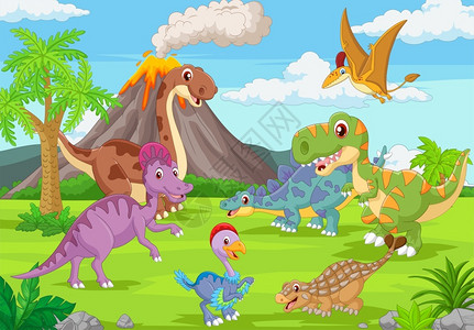 穆雷克斯丛林中有趣的恐龙群插画