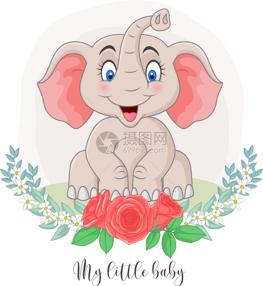 坐着鲜花背景卡通的可爱大象图片