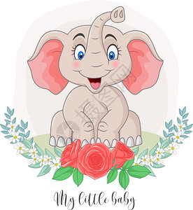 坐着鲜花背景卡通的可爱大象图片