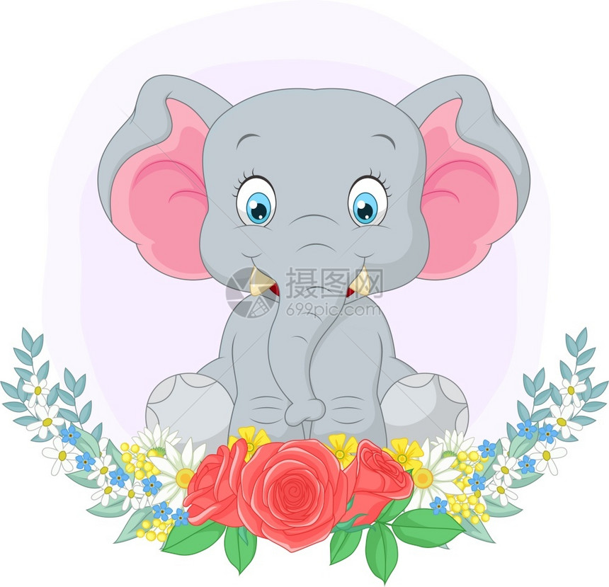 卡通的可爱大象坐着鲜花背景图片