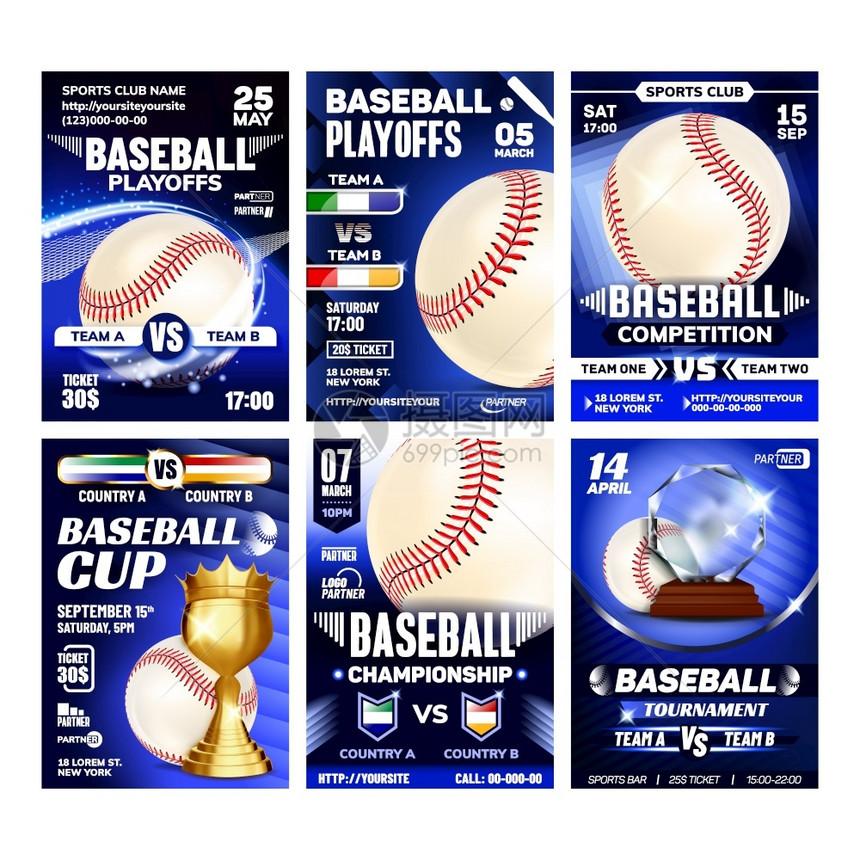 配有红线缝和蝙蝠手套杯子的皮球美国棒运动收集的不同横幅概念模板插图棒球运动传单张贴的矢量图片