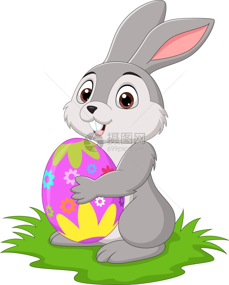 卡通小兔子把复活节鸡蛋放在草地上图片