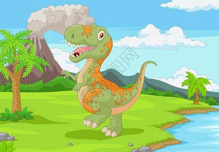 绿色恐龙丛林中的卡通巨龙插画