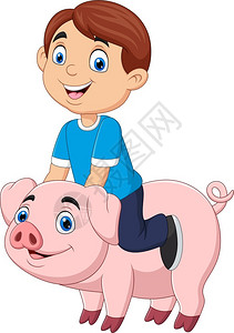 快乐的卡通小男孩骑猪高清图片