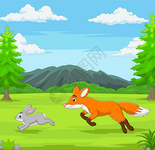 非洲饥饿狐狸正在草原追兔子插画