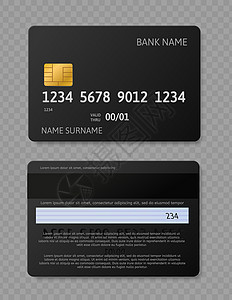 银行矢量现实的信用卡借记带有芯片前侧和后模型用于银行交易矢量孤立模板黑色信用卡现实的信用卡借记于银行交易矢量模板背景