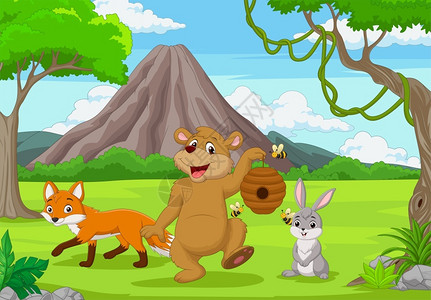 玩沙雕的狐狸森林中的卡通野生动物插画
