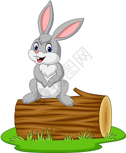 灰色木材卡通兔子坐在木桩上插画