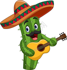 绿色吉他素材卡通墨西哥仙人掌弹吉他插画