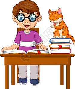 和猫一起学习的卡通小男孩图片