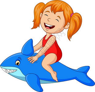 骑着充气鲨鱼的卡通小女孩图片