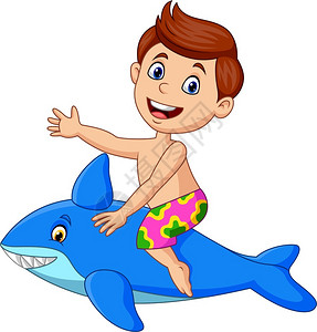 蓝色泳衣骑着充气鲨鱼的卡通小男孩插画
