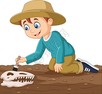 三星堆考古发现卡通男孩刷恐龙化石插画
