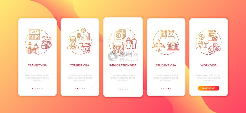 在装有概念的移动应用程序页面屏幕上登机时批准签证身份文件国际横穿5步图形指示配有rgb彩色插图的ui矢量模板装有概念的移动应用程图片