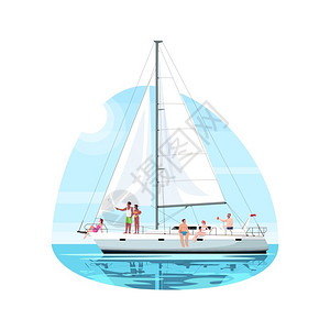 豪华帆船豪华私人游艇上的卡通人物插画