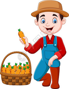 农家蔬菜水果篮卡通小农民收获胡萝卜插画