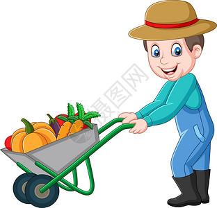 帽子蔬菜卡通的年轻农民推着一辆轮车着满是蔬菜的手推车插画
