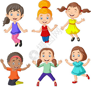 不同姿势小孩有着不同姿势的快乐卡通小女孩插画