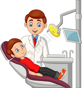 牙科治疗椅牙医办公室的卡通小男孩插画