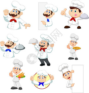 厨师拿着托盘白色背景的一套卡通主厨插画