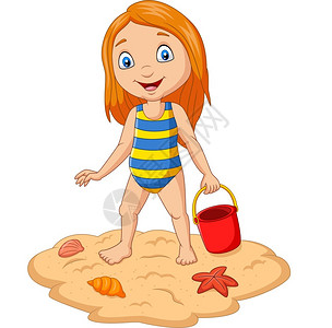 贝壳泳衣拿着桶在海滩上的卡通女孩插画