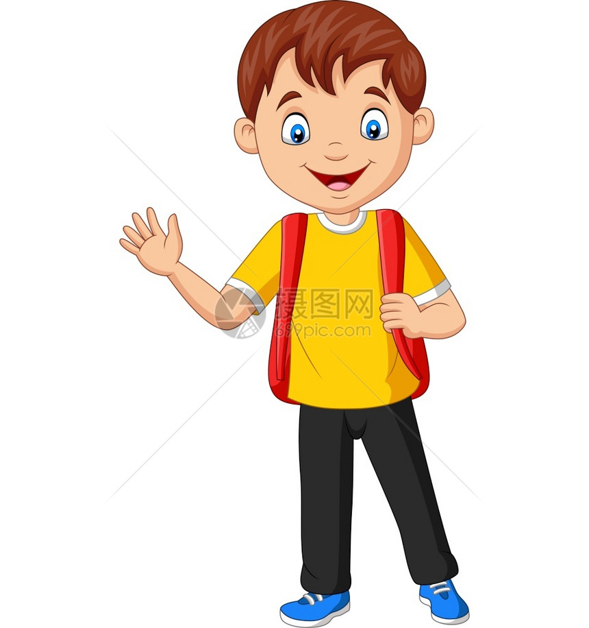 卡通学校男孩携带手挥的背包图片