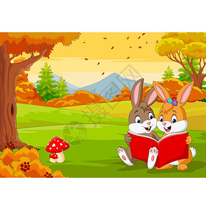 在秋林里读书的兔子图片