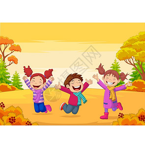在秋背景下跳跃的孩子们图片