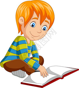 坐在书堆上的小男孩坐在地板上阅读开放书的小男孩插画