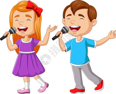 男孩和女用麦克风歌唱高清图片