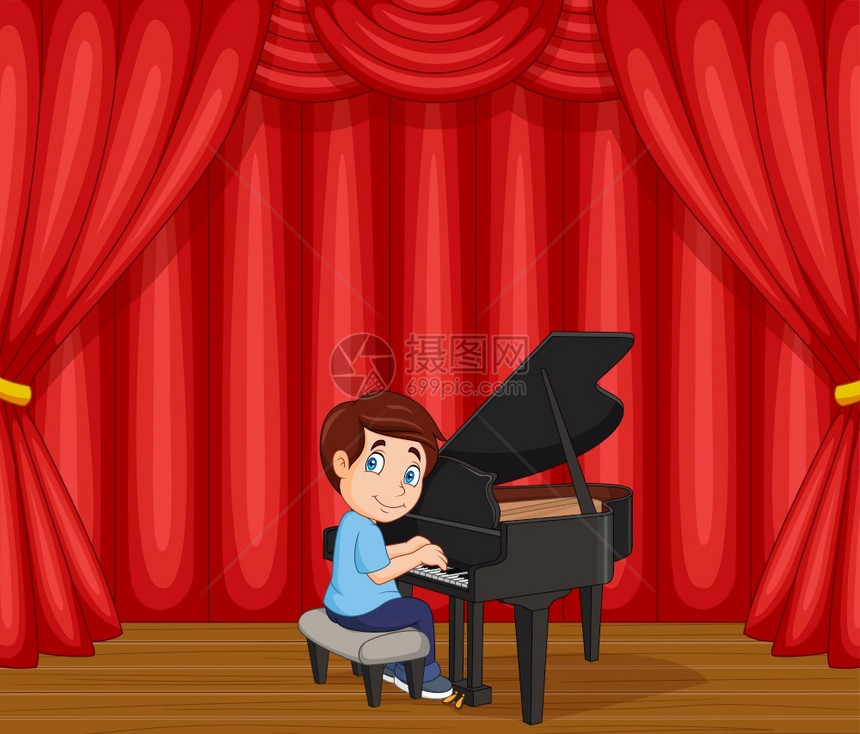 在舞台上表演钢琴的卡通男孩图片