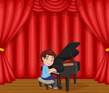 在舞台上表演钢琴的卡通男孩图片