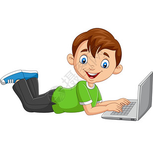 卡通男孩操作笔记本电脑躺在地板上图片