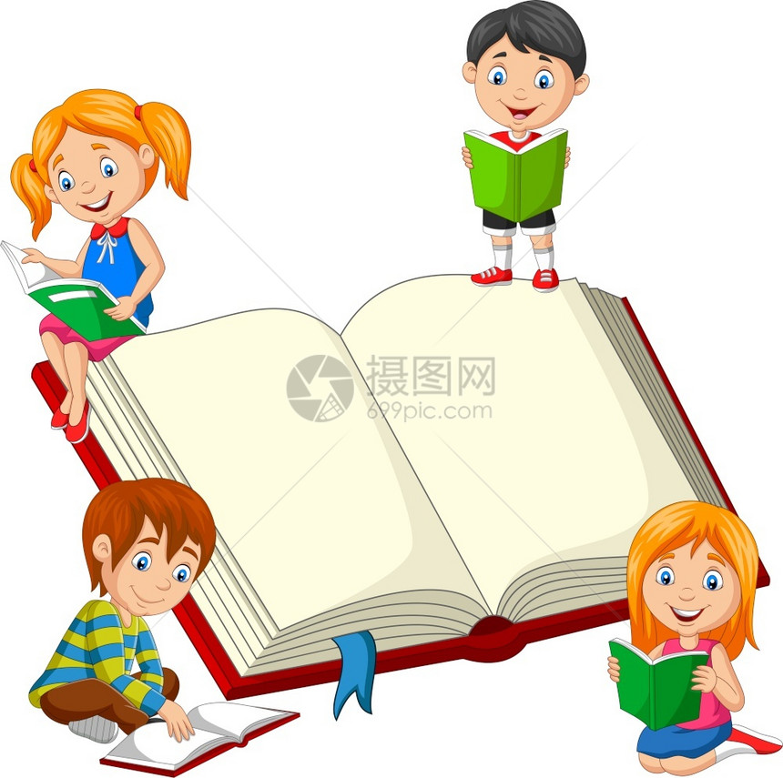阅读书本的儿童群体图片