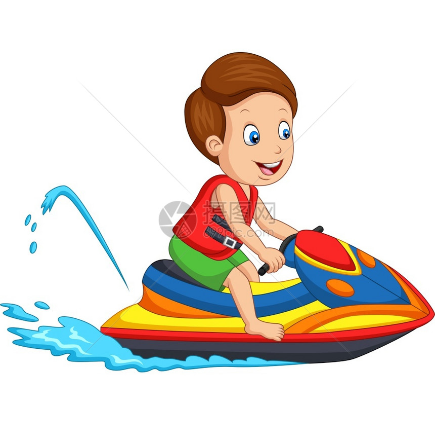 卡通小男孩骑着喷气式摩托艇图片