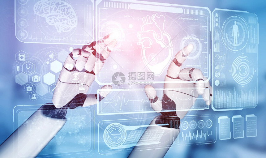 3d使医疗人工智能机器在未来医院工作病人和生物医学技术概念的未来假肢保健图片