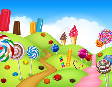 薄荷曲奇冰淇淋美丽的糖果园有蛋糕冰淇淋棒棒糖插画