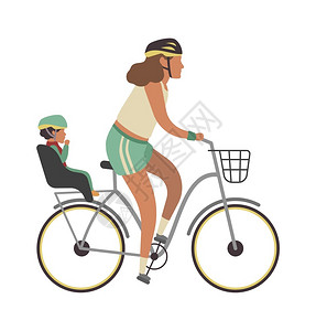 年轻母亲骑自行车载着孩子图片