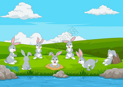 比小心心在草地上玩的哈比兔插画