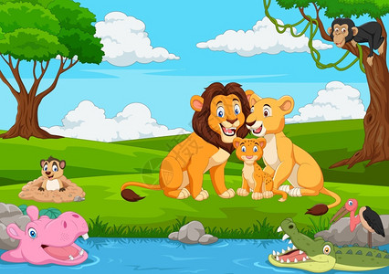 丛林中的卡通狮子家庭高清图片