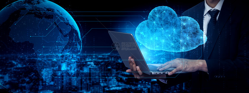 计算机与互联网服务器连接用于3d未来图形界面显示的云数据传输图片