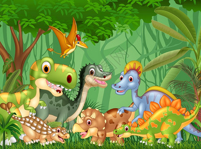列夫龙生活在丛林中的快乐恐龙插画
