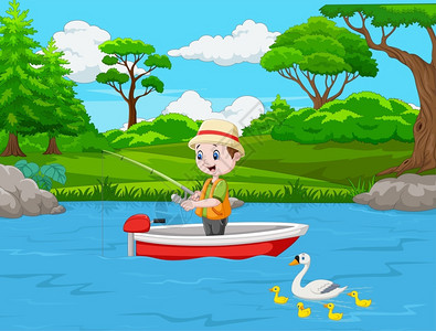 鸭子船卡通男孩在船上钓鱼插画