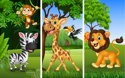 丛林中卡通可爱的野生动物图片