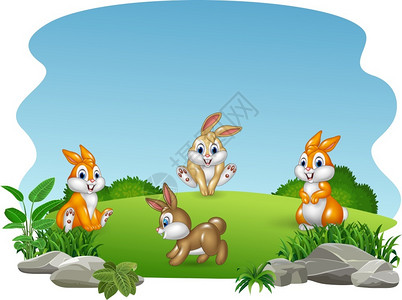 自然背景的漫画快乐兔子图片