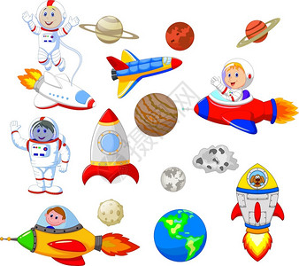 装有太空船收集成套宇宙飞船的卡通航员插画
